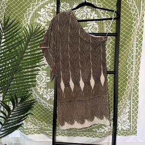 Cashmere Brand‎ One Shoulder Metallic Knit Mini Dress Tassel Braid Print - Small